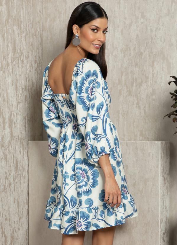 Quintess - Vestido Curto Floral Azul com Mangas Bufantes 2