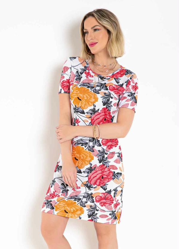 Outlet - Vestido Curto Floral Branco com Mangas