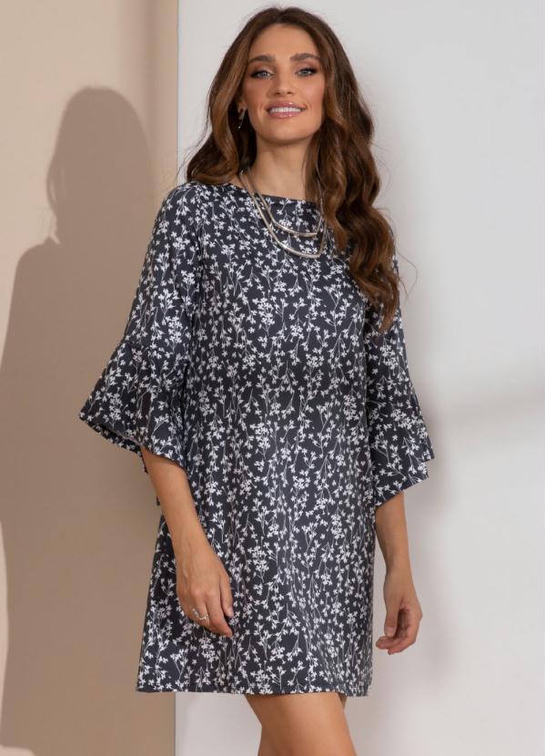 Quintess - Vestido Curto Floral Preto com Amarração Costas