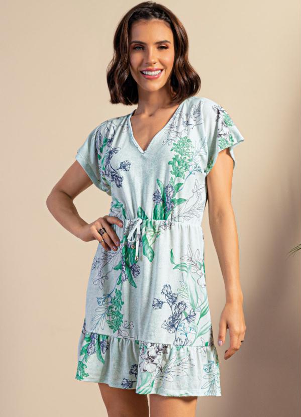 Quintess - Vestido Curto Floral Verde com Amarração