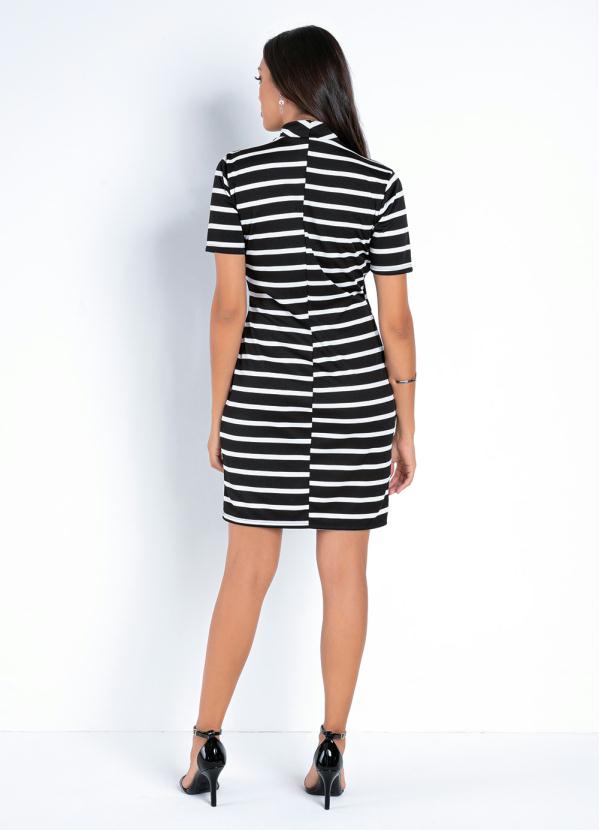 Moda Pop - Vestido Curto Listrado Preto com Gola Alta 4