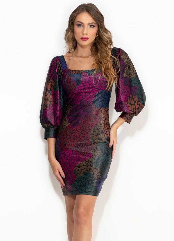 Farm - Vestido Curto Manga Leopardo Rainbow Estampado