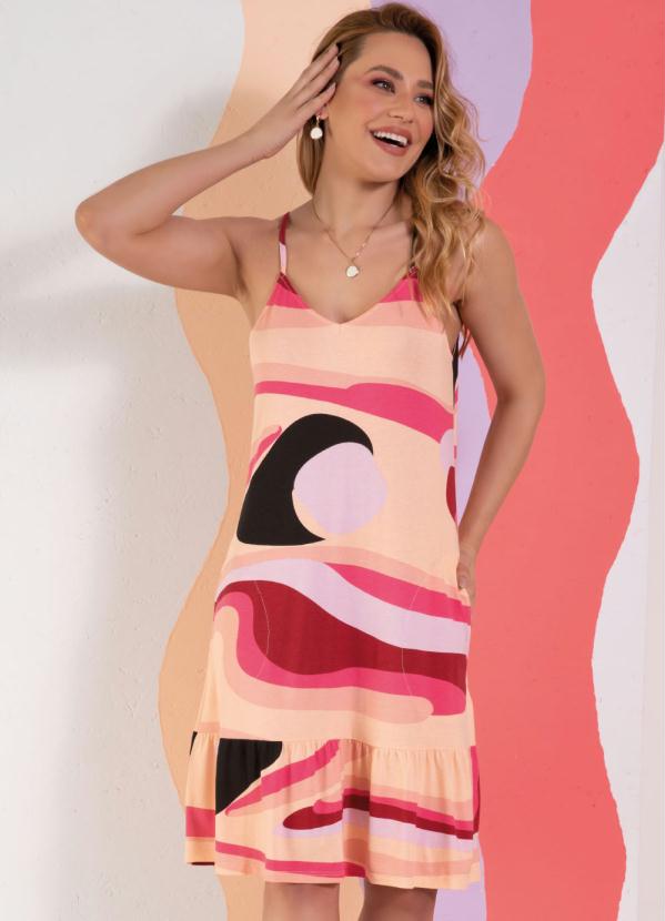 Quintess - Vestido Curto Ondas Rosa com Babados na Barra