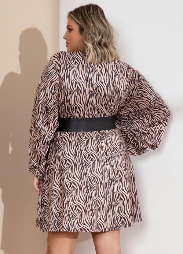 Quintess - Vestido Curto Tigre Bege com Mangas Drapeadas 7