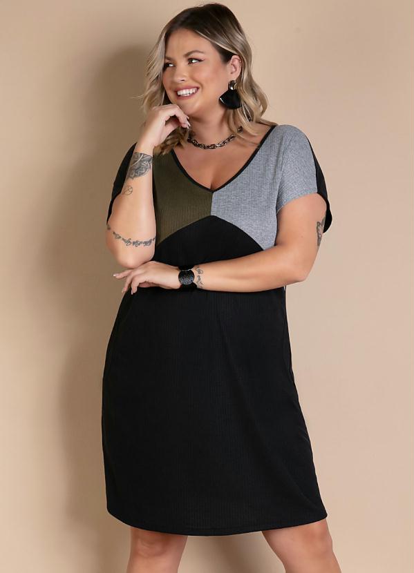 Quintess - Vestido Curto Tricolor Preto com Bolsos 6