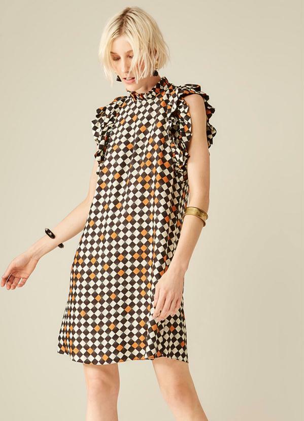 Sacada - Vestido de Viscose com Estampa Lenço Óptico Gola Marrom
