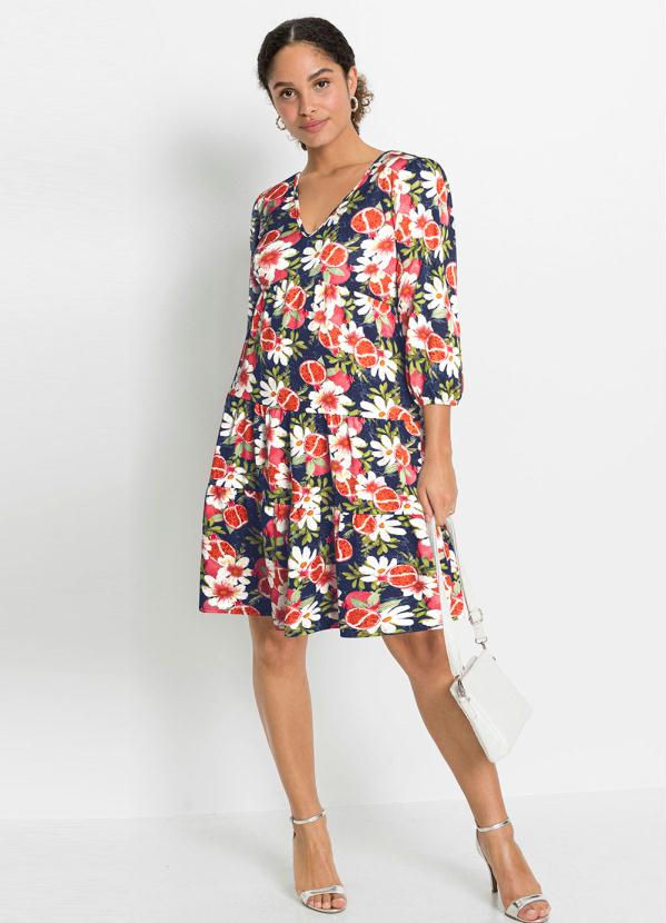 Outlet - Vestido Decote V Mangas 3/4 Floral Azul 3