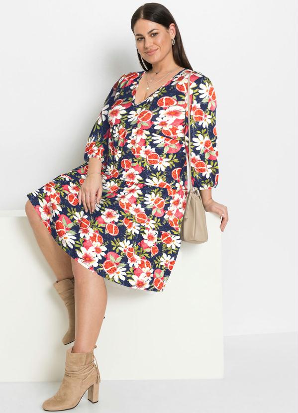Outlet - Vestido Decote V Mangas 3/4 Floral Azul 6