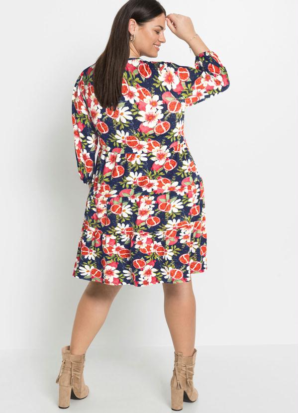 Outlet - Vestido Decote V Mangas 3/4 Floral Azul 7