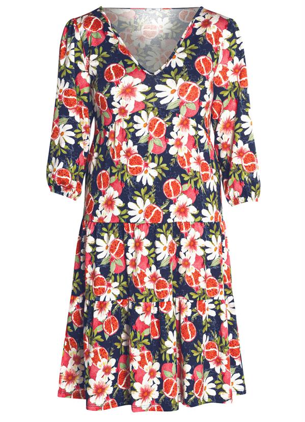 Outlet - Vestido Decote V Mangas 3/4 Floral Azul 9