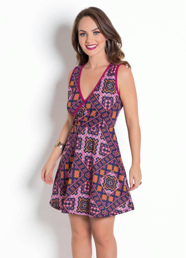 Queima Estoque Vestido Evasê com Decote Transpassado Étnico