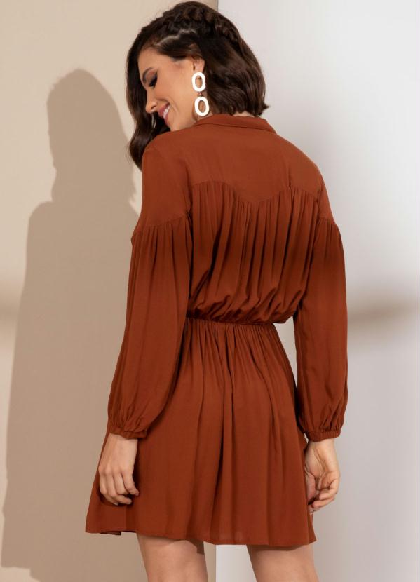 Quintess - Vestido Ferrugem Acinturado com Mangas Bufantes 2