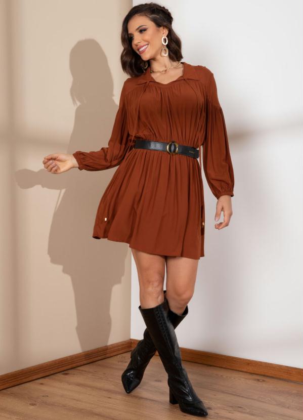 Quintess - Vestido Ferrugem Acinturado com Mangas Bufantes 3