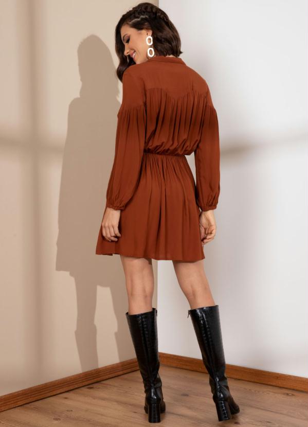 Quintess - Vestido Ferrugem Acinturado com Mangas Bufantes 4