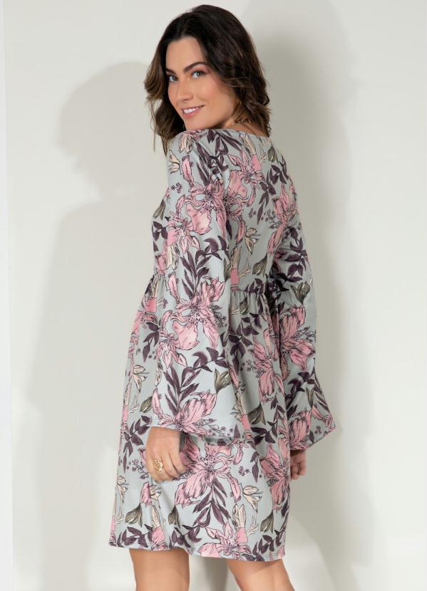 Queima Estoque - Vestido Floral Cinza com Mangas Evasê 7