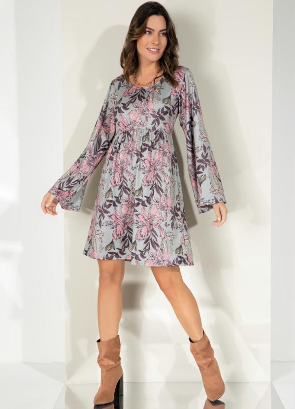 Queima Estoque - Vestido Floral Cinza com Mangas Evasê 6