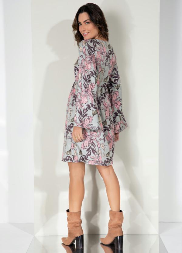 Queima Estoque - Vestido Floral Cinza com Mangas Evasê 5