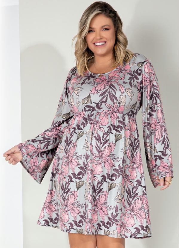 Queima Estoque - Vestido Floral Cinza com Mangas Evasê 4