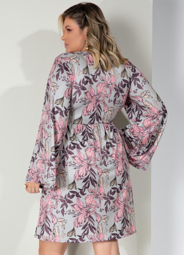 Queima Estoque - Vestido Floral Cinza com Mangas Evasê 3