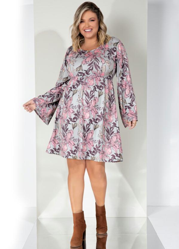 Queima Estoque - Vestido Floral Cinza com Mangas Evasê 2