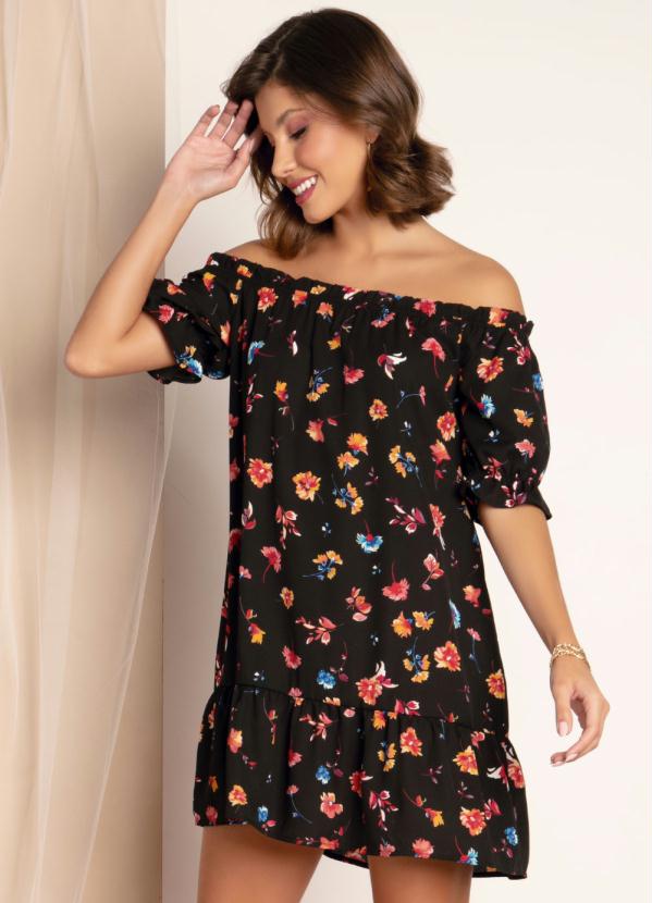 Quintess - Vestido Floral Preto com Mangas Formando Babados