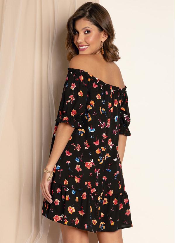 Quintess - Vestido Floral Preto com Mangas Formando Babados 2