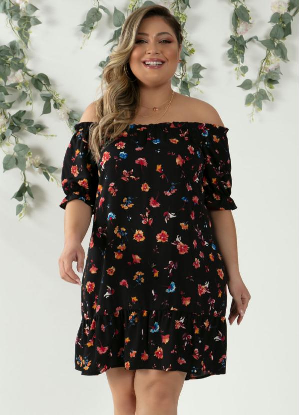 Quintess - Vestido Floral Preto com Mangas Formando Babados 6