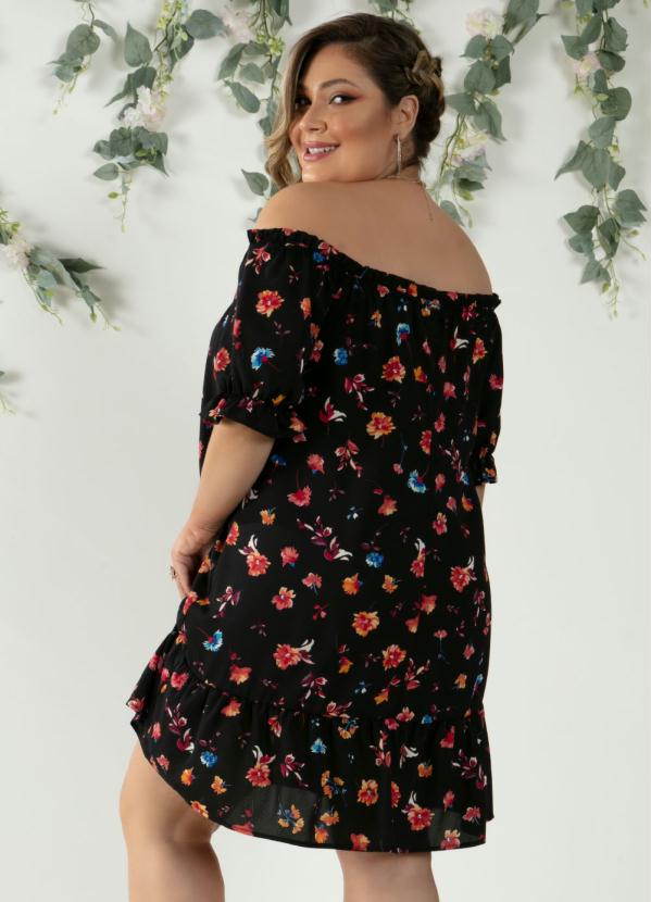 Quintess - Vestido Floral Preto com Mangas Formando Babados 7