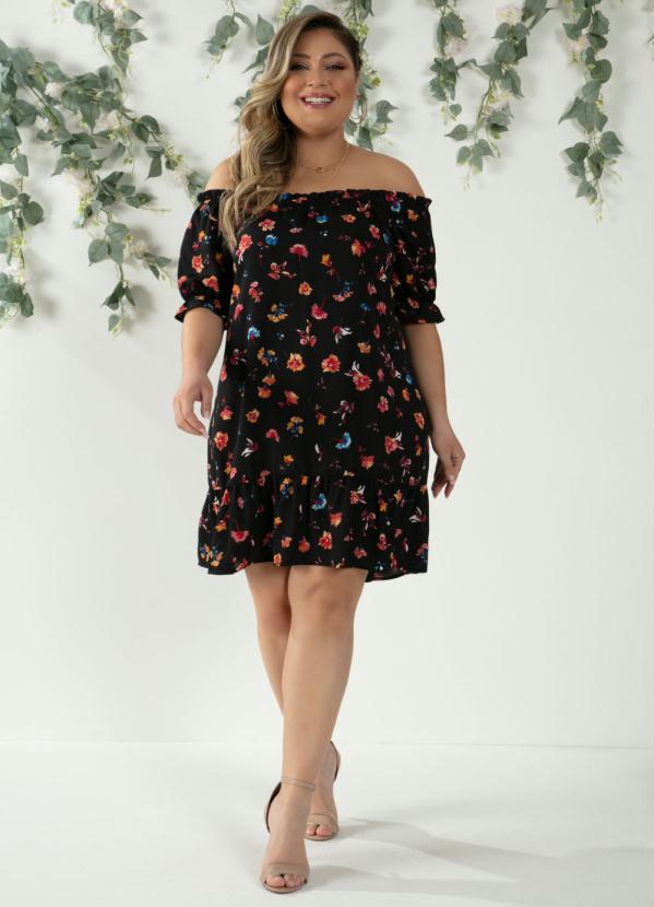 Quintess - Vestido Floral Preto com Mangas Formando Babados 8