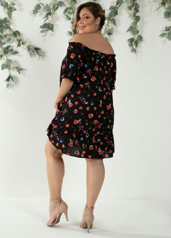 Quintess - Vestido Floral Preto com Mangas Formando Babados 9