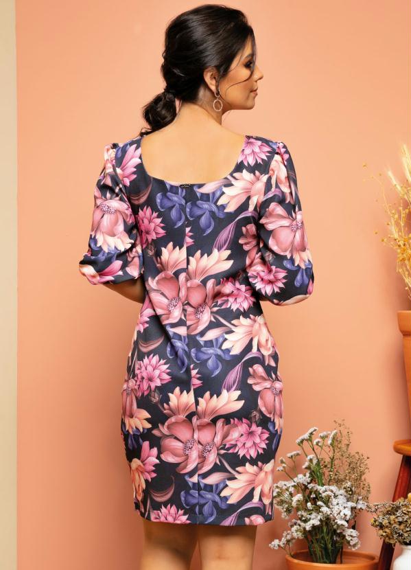 Quintess - Vestido Floral Preto Decote Quadrado com Zíper 2