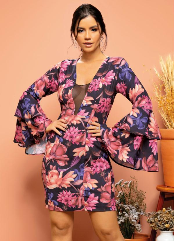 Quintess - Vestido Floral Preto Tubinho com Mangas Amplas 1