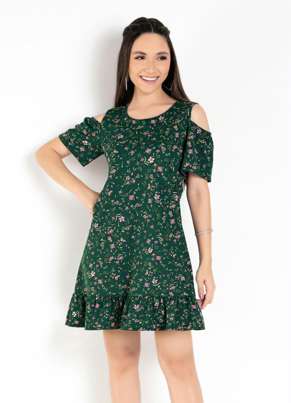 Moda Pop - Vestido Floral Verde com Ombros Vazados