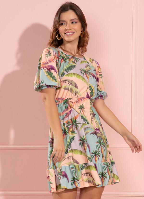 Quintess - Vestido Folhagem Colorida com Babado na Barra