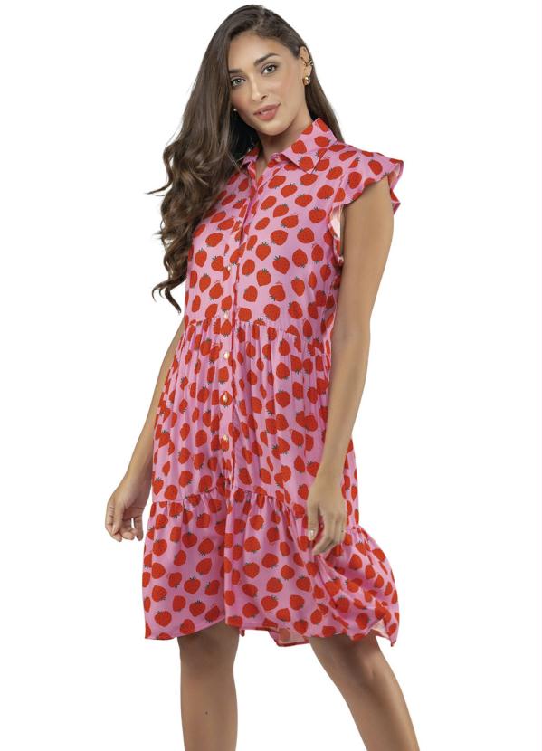 Angel - Vestido Franzido Viscose Morangos Rosa 1