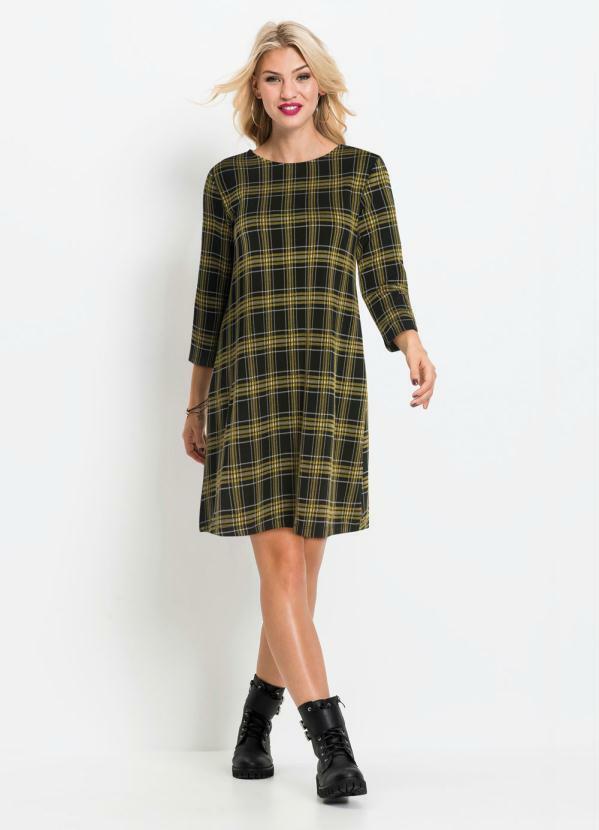bonprix - Vestido Jacquard Xadrez Preto e Amarelo