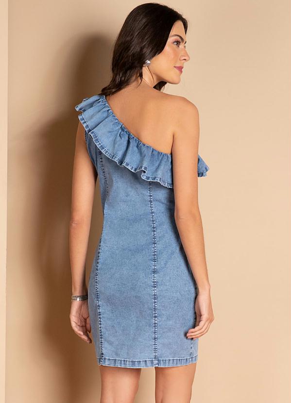 Quintess - Vestido Jeans Claro um Ombro Só com Babado 2