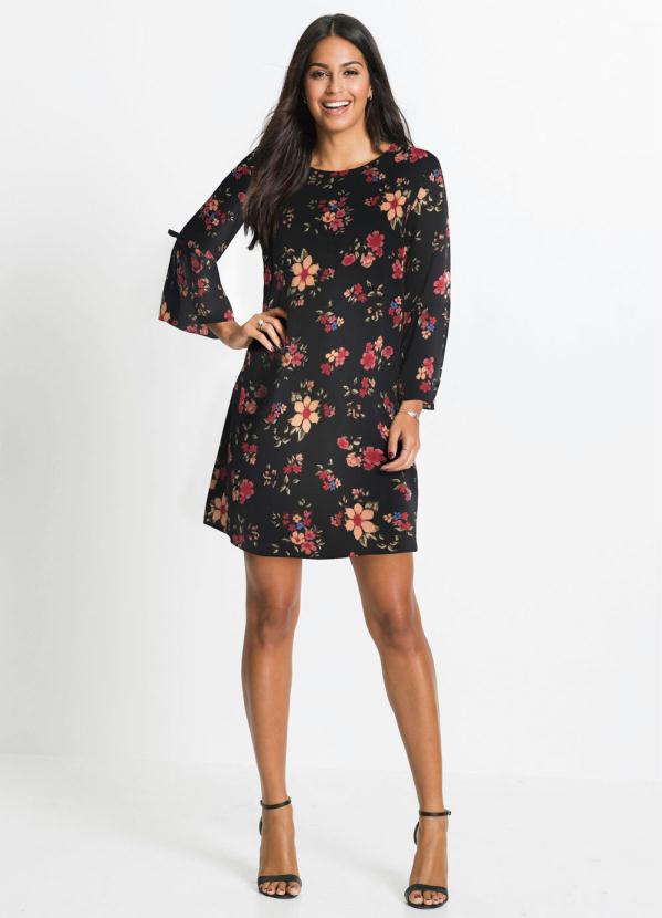 bonprix - Vestido Laços nas Mangas Estampado Floral Preto 3