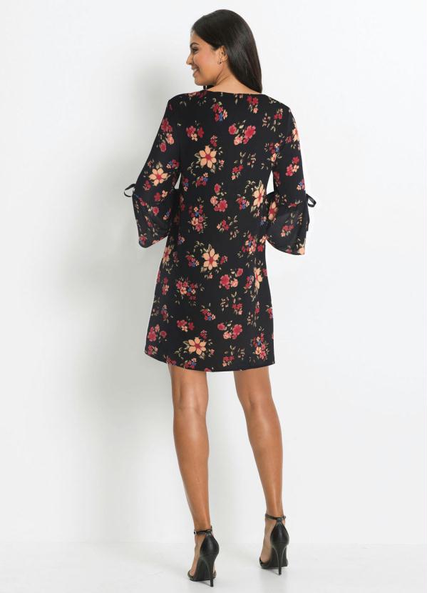 bonprix - Vestido Laços nas Mangas Estampado Floral Preto 4