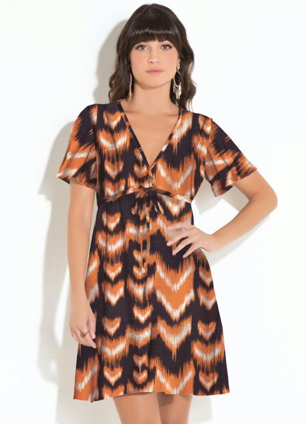 Quintess - Vestido Laranja e Preto com Cordel na Cintura