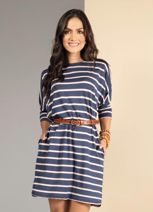 Quintess - Vestido Listras Marinho e Off White com Bolsos