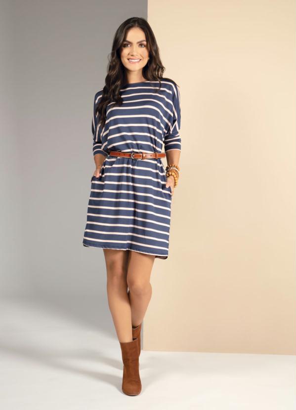 Quintess - Vestido Listras Marinho e Off White com Bolsos 3