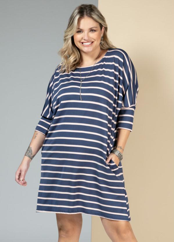 Quintess - Vestido Listras Marinho e Off White com Bolsos 5