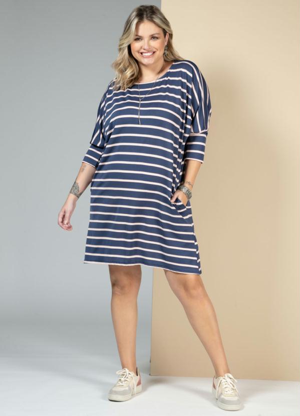 Quintess - Vestido Listras Marinho e Off White com Bolsos 7