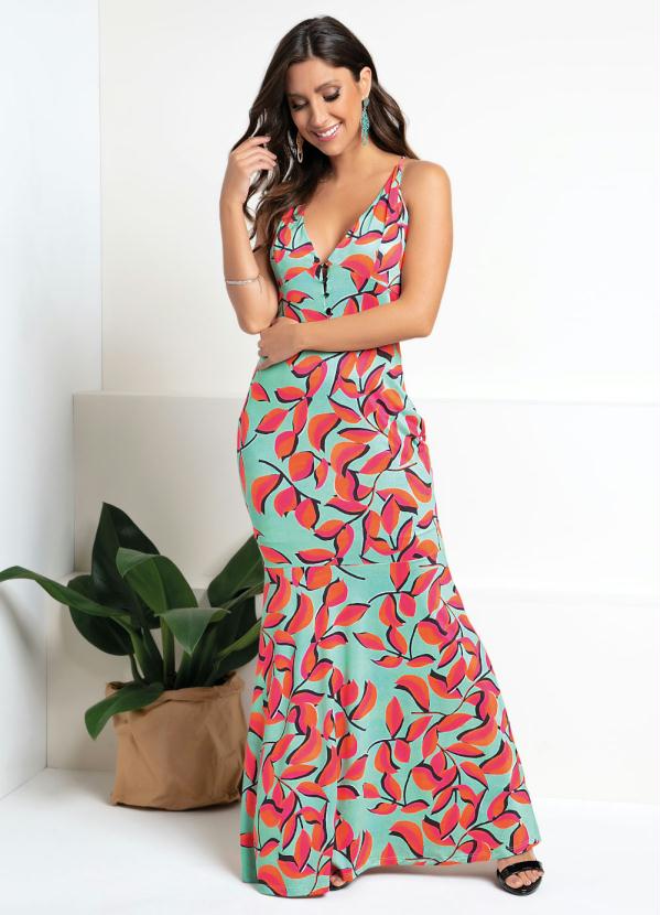 Quintess - Vestido Longo Floral Verde de Alças com Botões