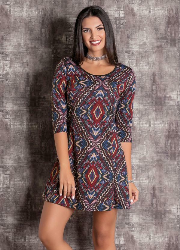Outlet - Vestido Manga 7/8 Estampado Evasê