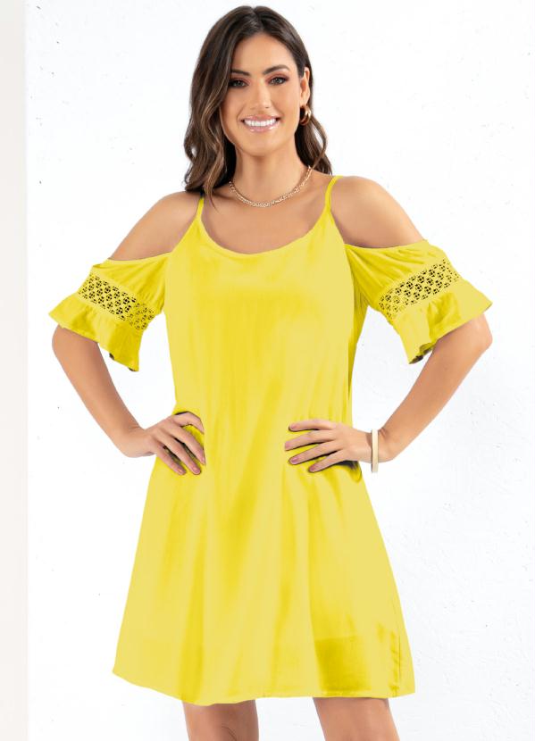 Vestido Ombros Vazados com Renda Amarelo - Quintess