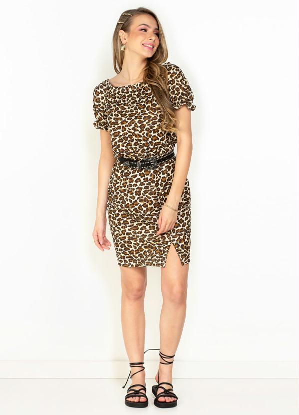 Moda Pop - Vestido Onça Ombro a Ombro com Manga Bufante 4