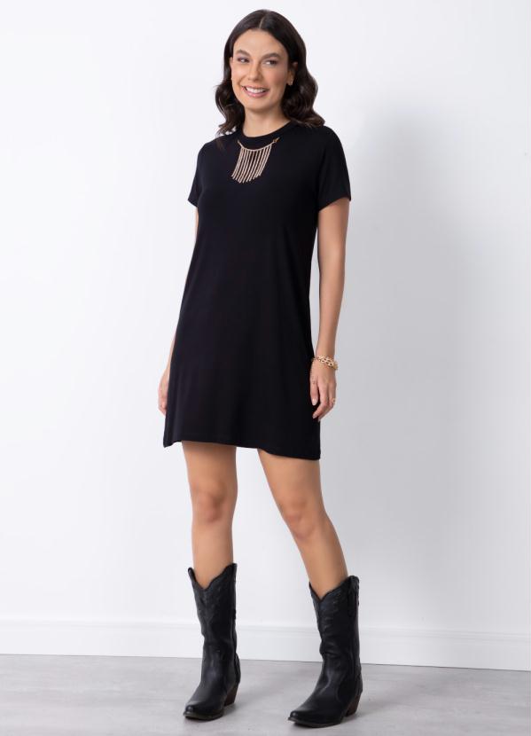 Vestido Preto com Colar de Franja Removível Quintess