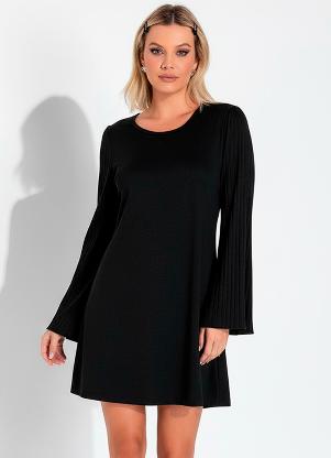 Moda Pop - Vestido Preto com Mangas Plisadas - MODA POP